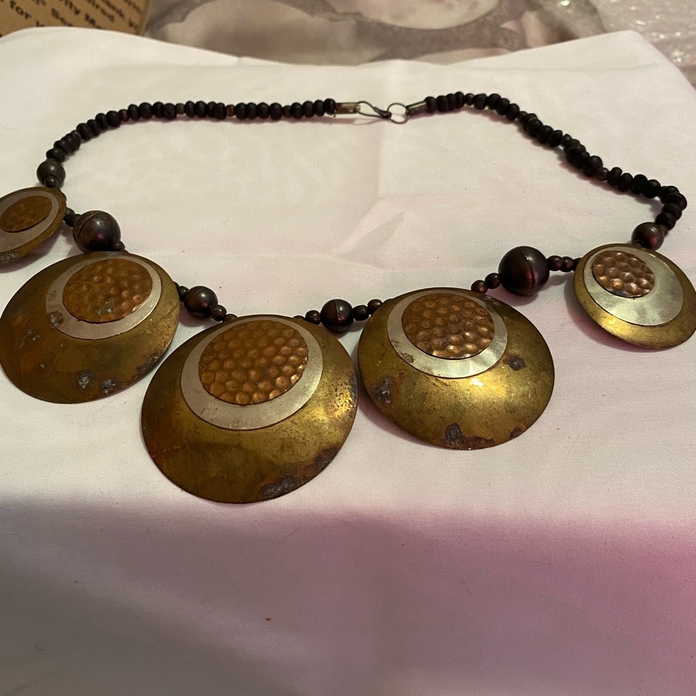 Artisan Gold and Brown Disc Necklace